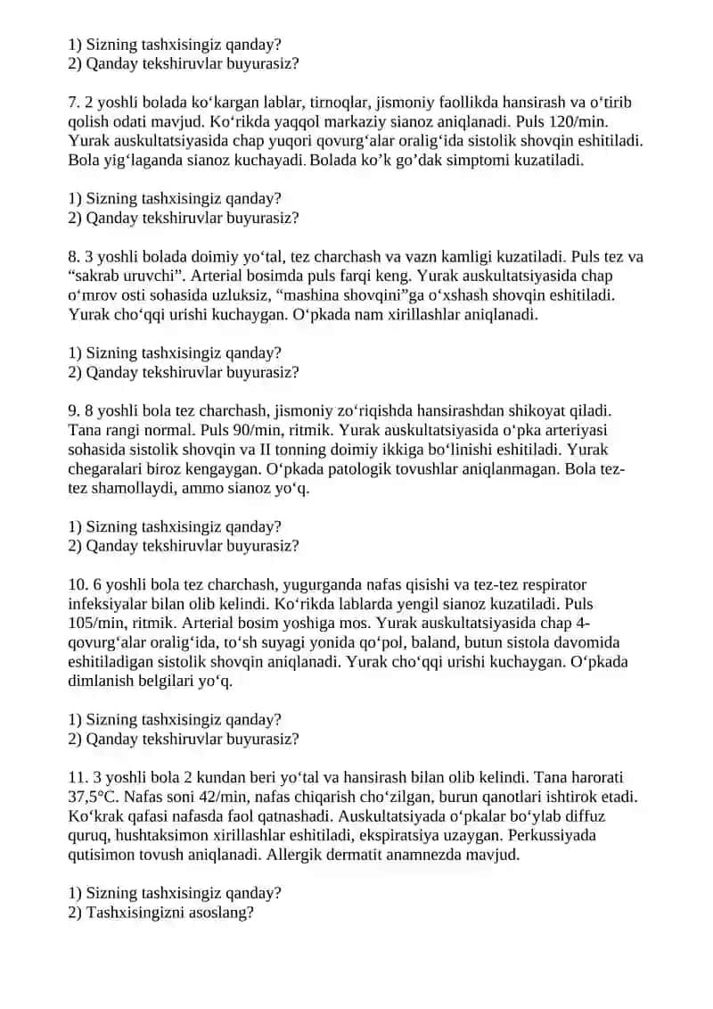 PEDIATRIYA ( BOLALAR KASALLIKLARI) VAZIYATLI MASALALAR JAVOBLARI BILAN 2