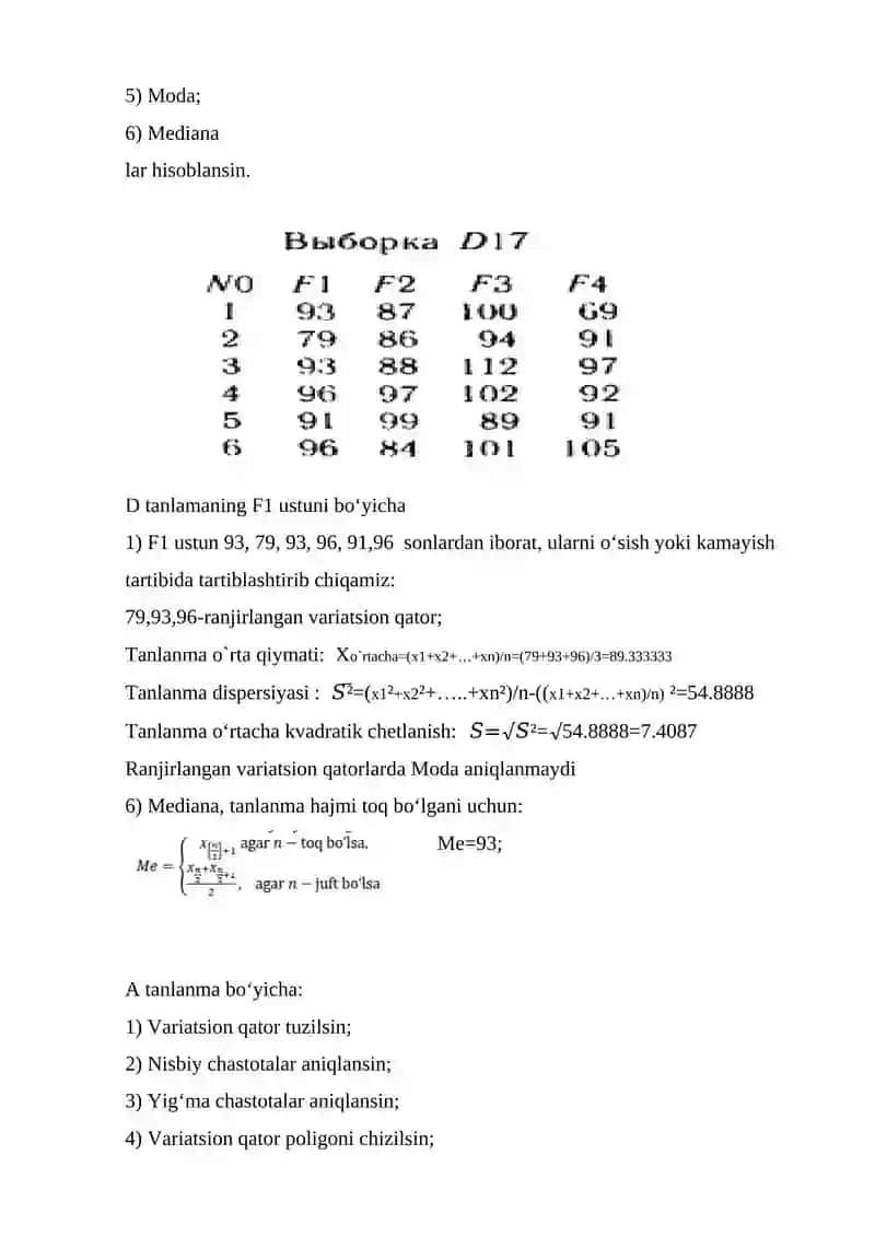 TANLANMANING BOSHLANGʻICH STATISTIK TAHLILI 2