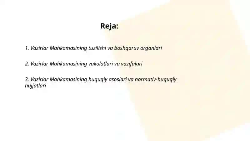 Vazirlar Mahkamasi Tuzilishi va Boshqaruv Organlari 2