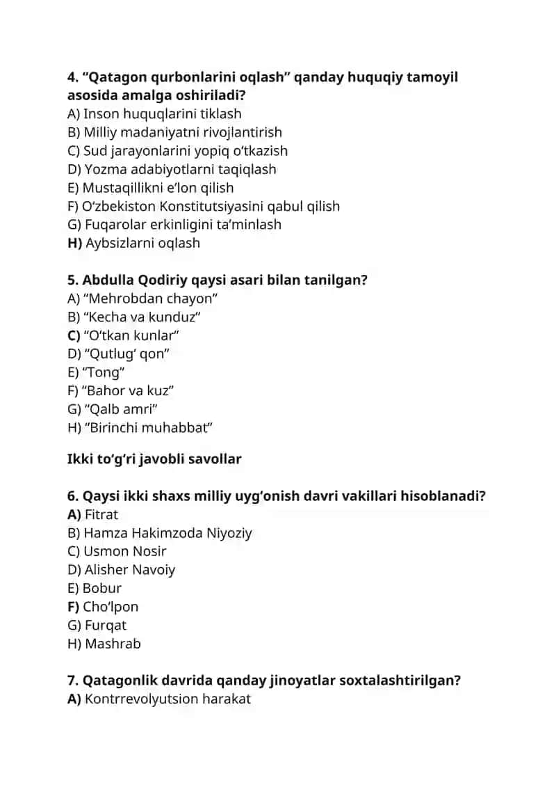 OʻZBEKISTONDA QATAGʻONLIK. TEST JAVOBI BILAN 2