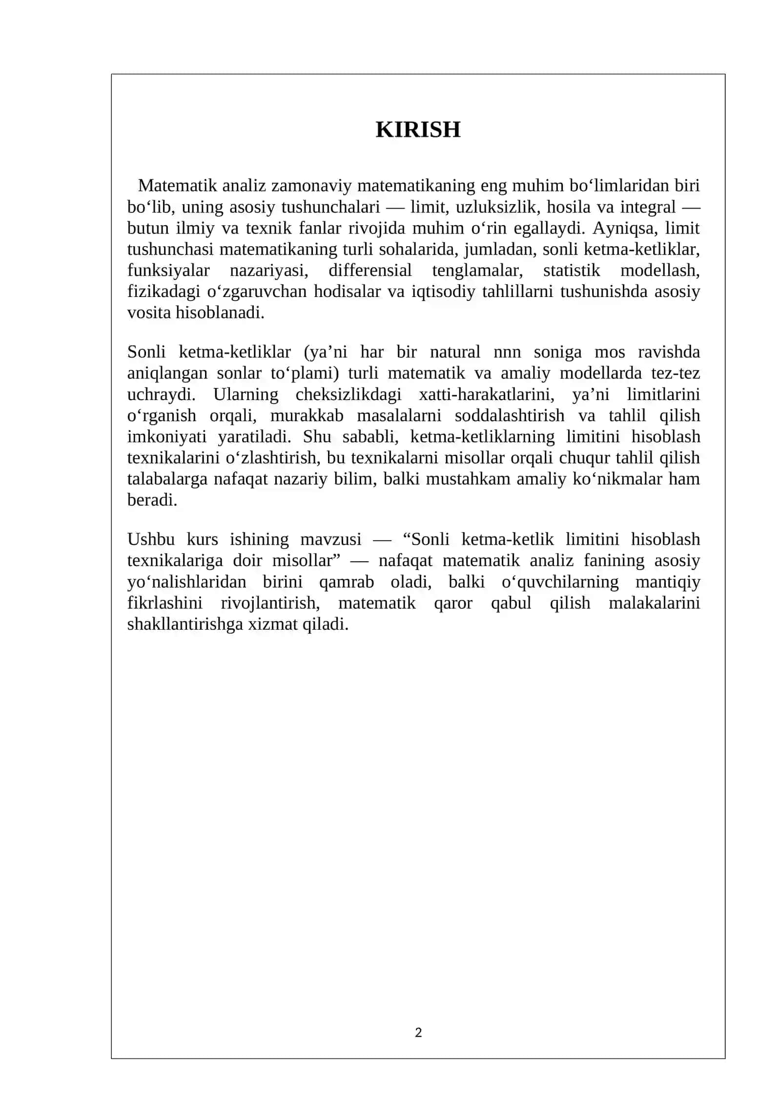 Sonli ketma-ketlik limitini hisoblash texnikalariga doir misollar 2
