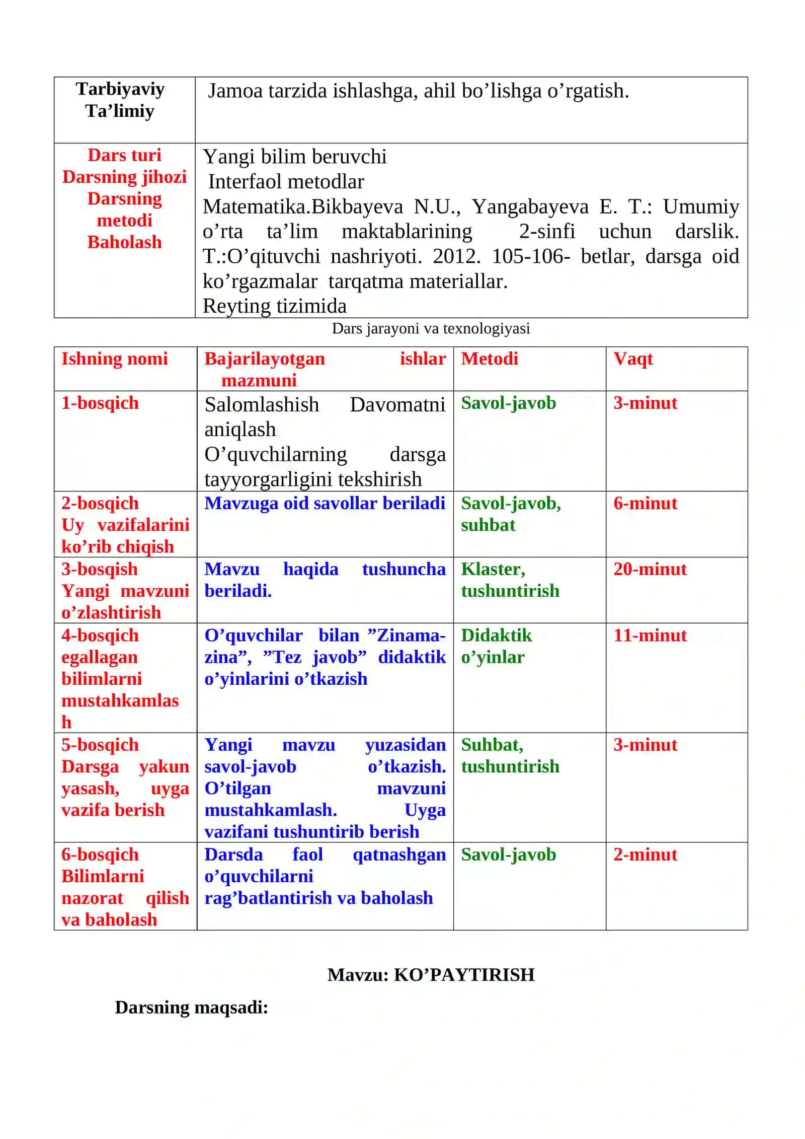 Matematika 2-sinfi uchun dars ishlanmasi 2