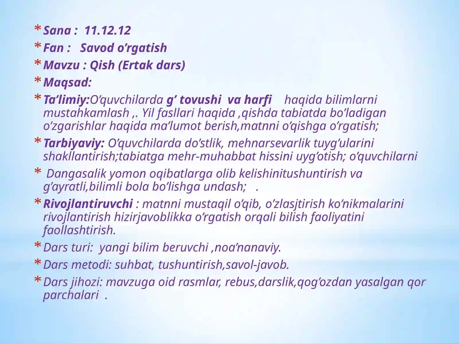 Savod o’rgatish fanidan bir soatlik dars ishlanmasi 2