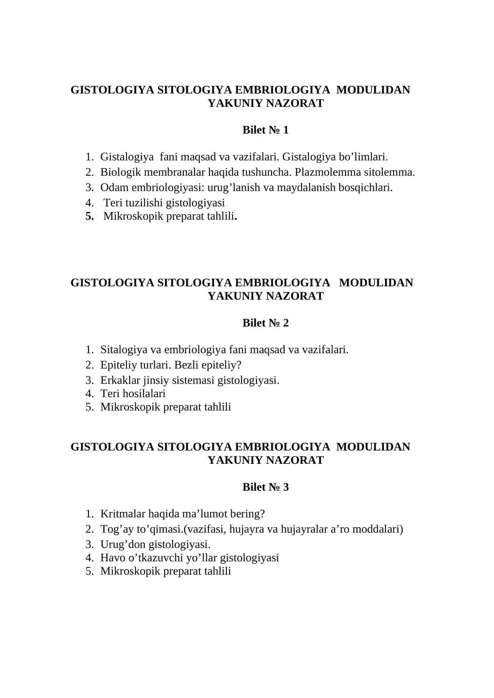GISTOLOGIYA SITOLOGIYA EMBRIOLOGIYA MODULIDAN YAKUNIY NAZORAT 2
