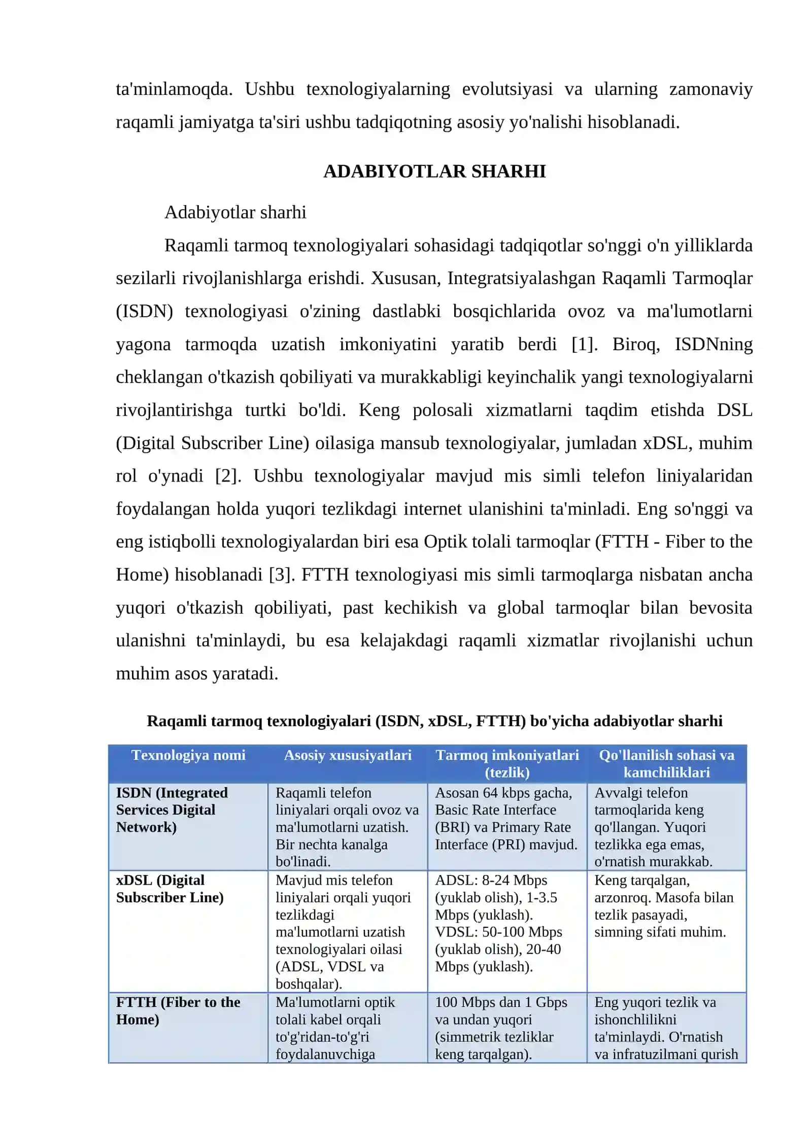 RAQAMLI TARMOQ TEXNOLOGIYALARI: ISDN, XDSL, FTTH 2