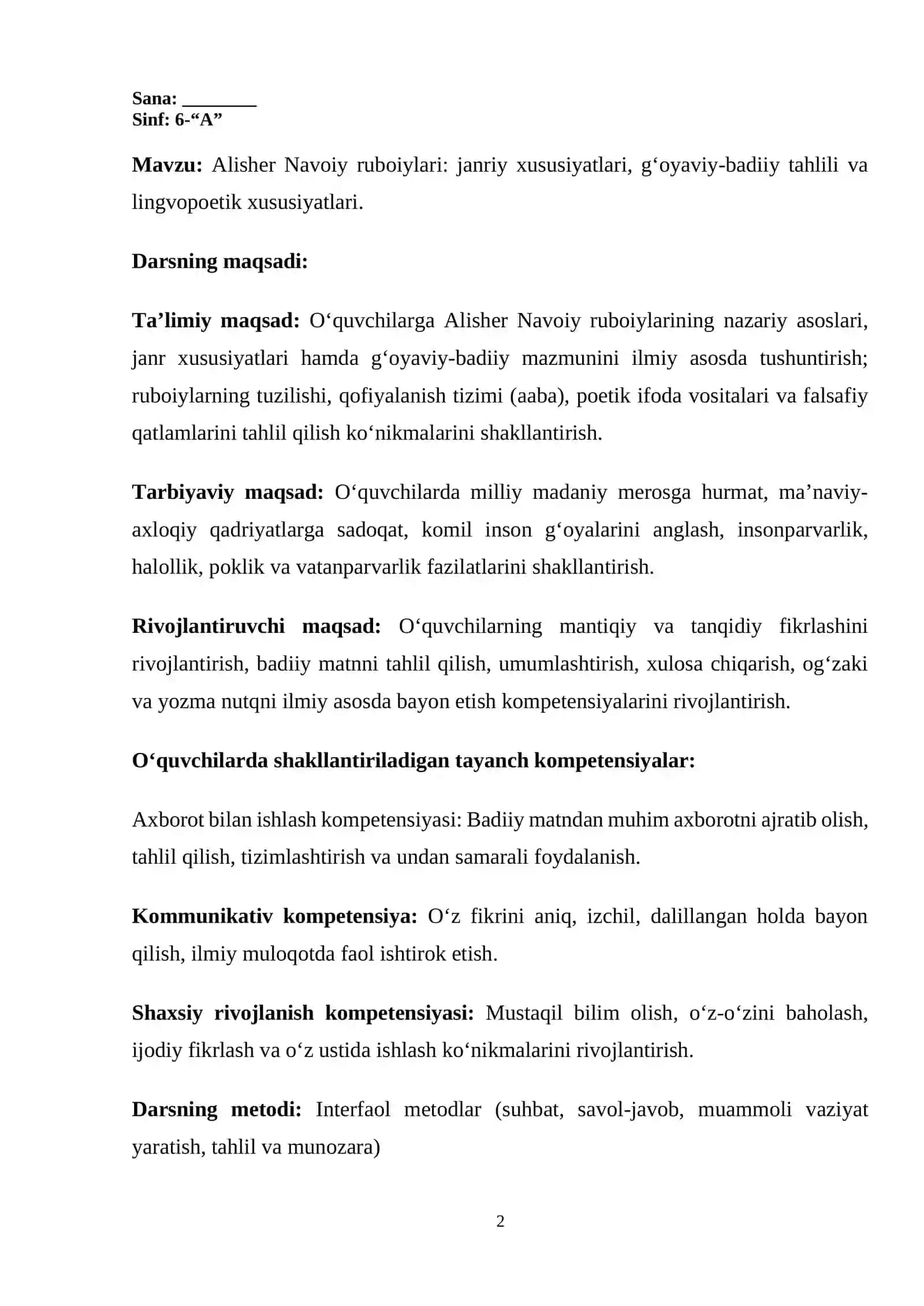 Alisher Navoiy ruboiylari: janriy xususiyatlari, g‘oyaviy-badiiy tahlili va lingvopoetik xususiyatlari. 2