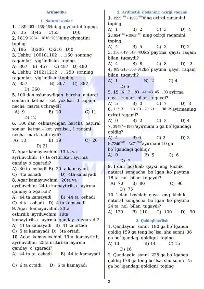 Matematikadan yangi taxiridagi testlar to'plami 2