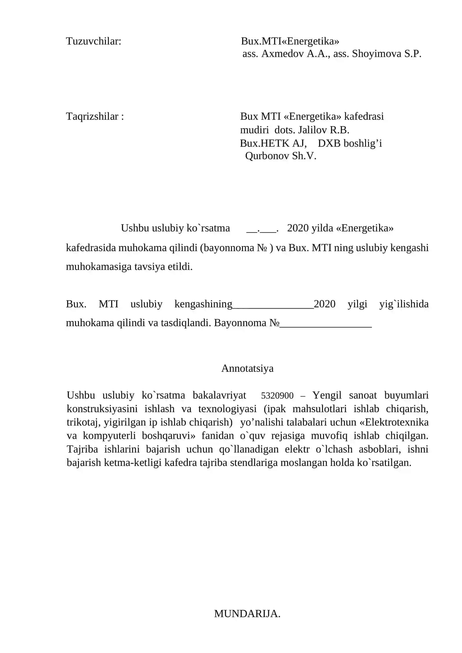Yengil sanoat buyumlari konstruksiyasini ishlash va texnologiyasi (ipak mahsulotlari ishlab chiqarish, trikotaj, yig'irilgan ip ishlab chiqarish) 2