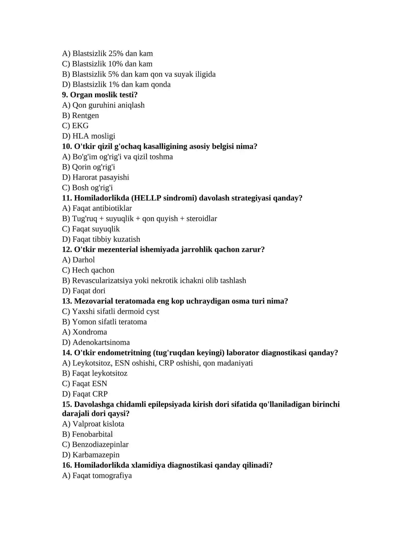 Tibbiyot testlari to'plami 2