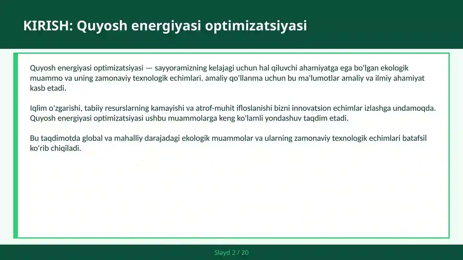 Quyosh energiyasi optimizatsiyasi 2