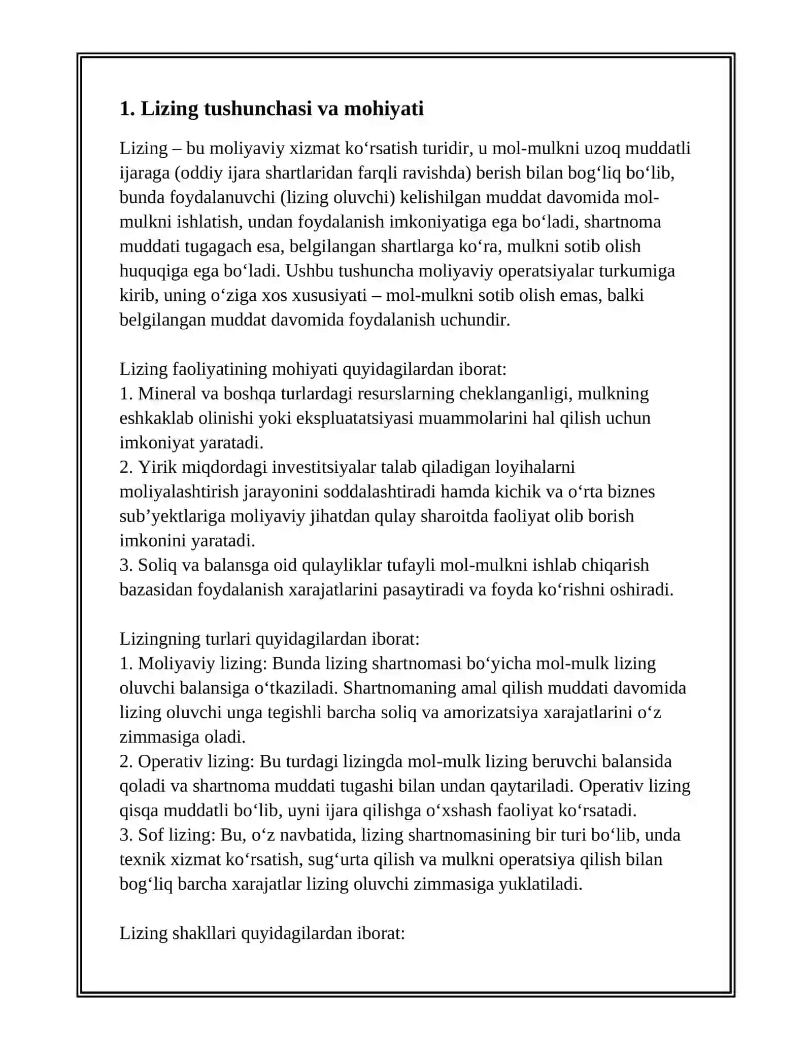 LIZING FAOLIYATINING MOHIYATI. LIZING TURLARI VA SHAKLLARI 2