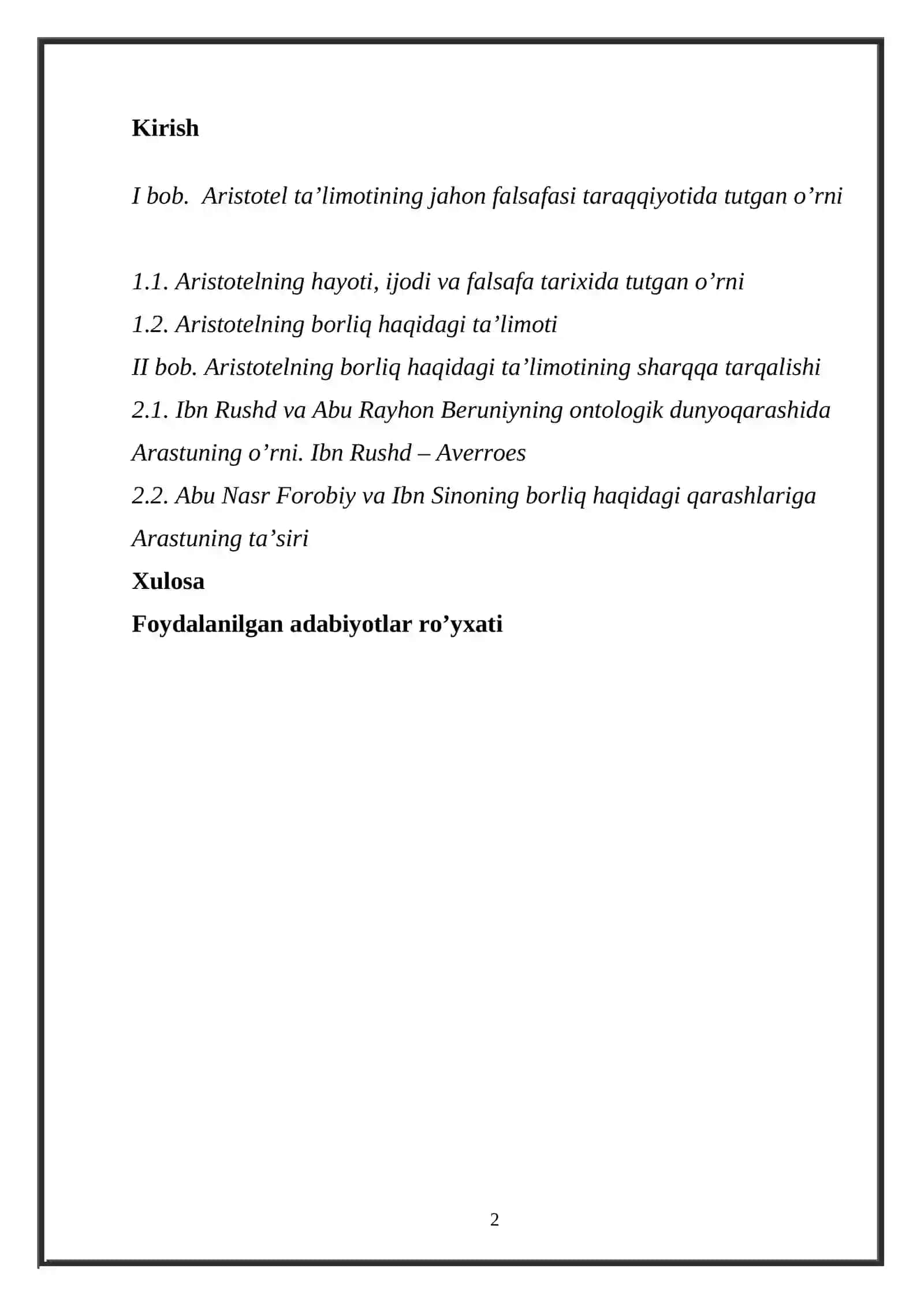 ARISTOTELNING BORLIQ HAQIDAGI TA’LIMOTINING SHARQQA TARQALISHI MAVZUSIDAGI KURS ISHI 2