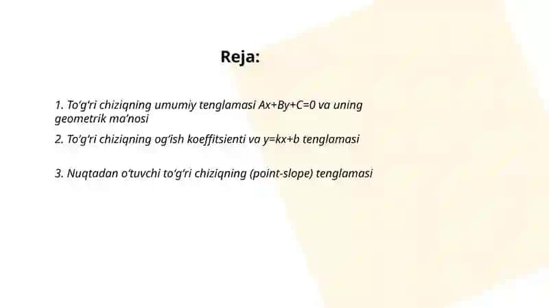 Tekislikdagi chiziqlar va toʻgʻri chiziqning tenglamalari 2