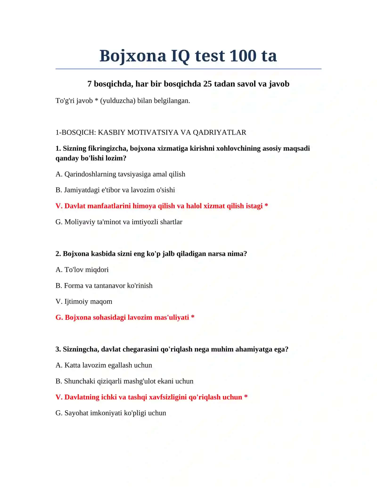 Bojxona IQ test 100 ta 2