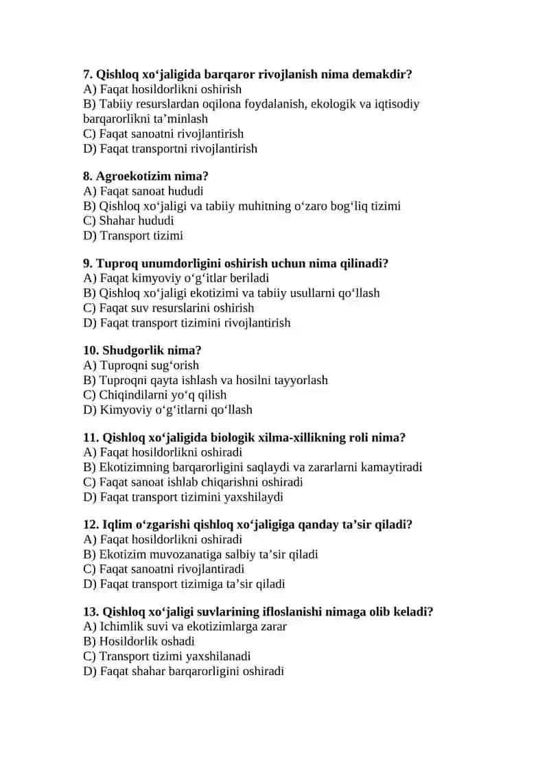 Qishloq xo‘jaligi va ekologiya  test 2