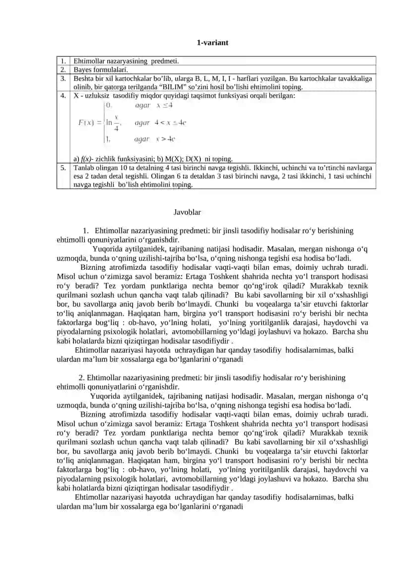 Ehtimollar nazariyasi va matematik statistika 2