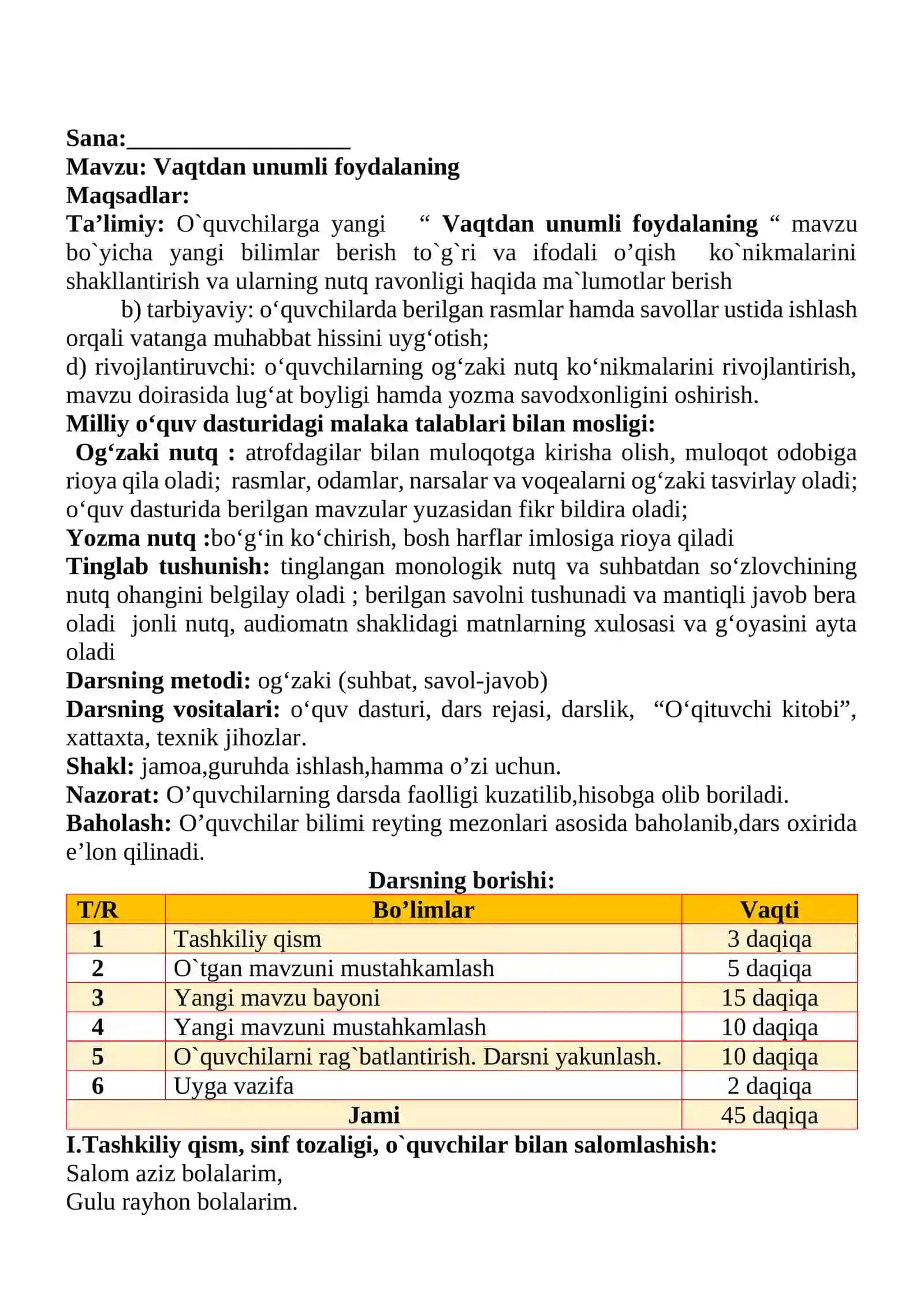 Vaqtdan unumli foydalaning 1-sinf o'qish savodxonligi dars ishlanmasi 2