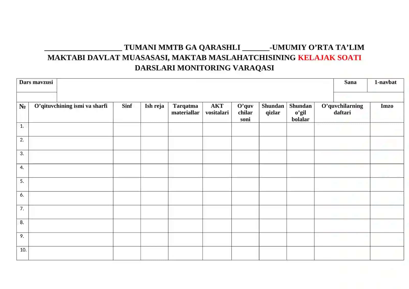 KELAJAK SOATI DARSLARINI MONITORING QILISH DAFTARI 2