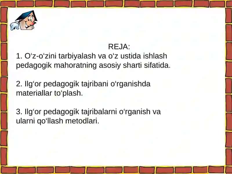 O‘Z-O‘ZINI TARBIYALASH VA O‘ZUSTIDA ISHLASH SHAXSIY DASTURI 2
