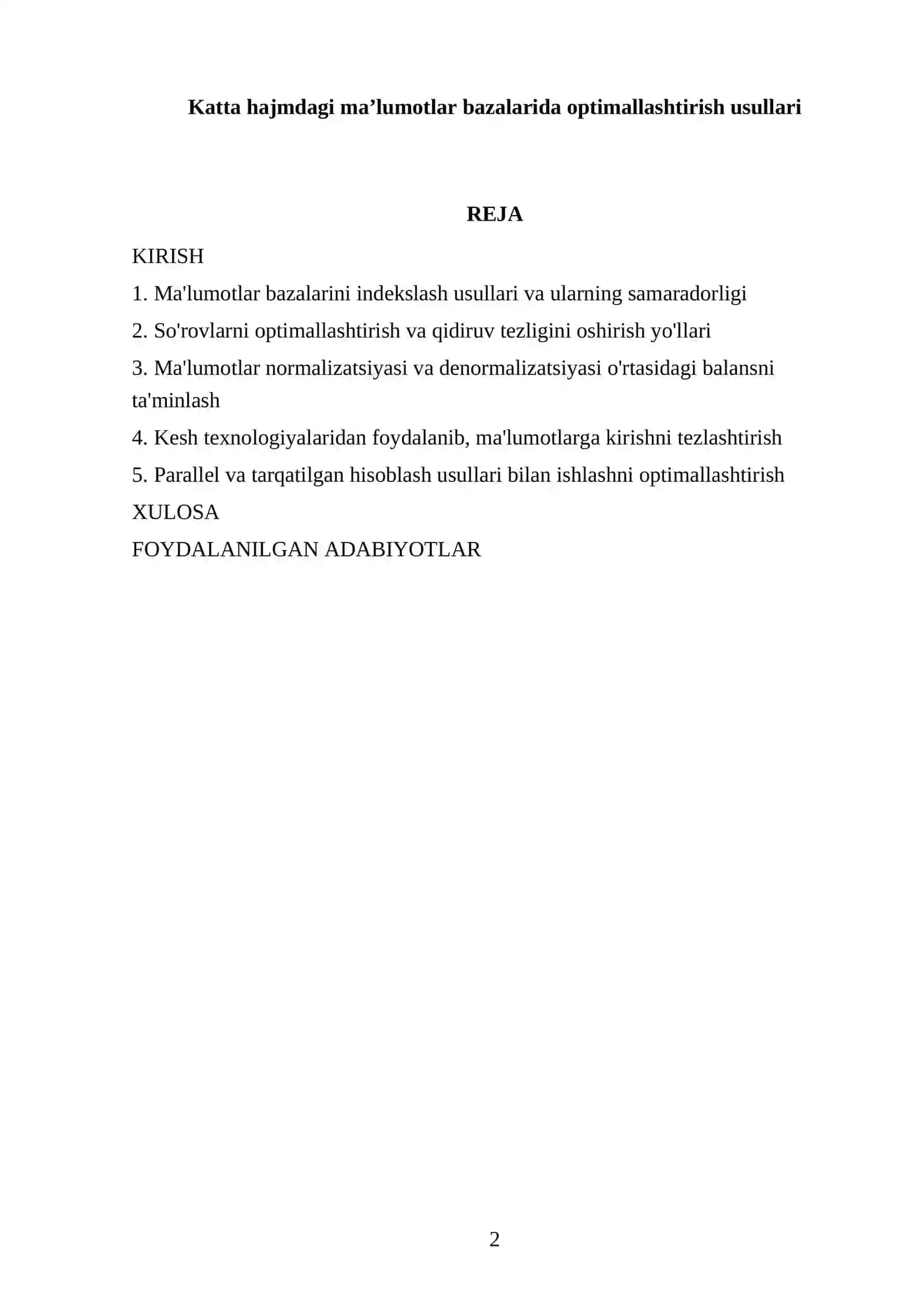 Katta hajmdagi ma’lumotlar bazalarida optimallashtirish usullari 2
