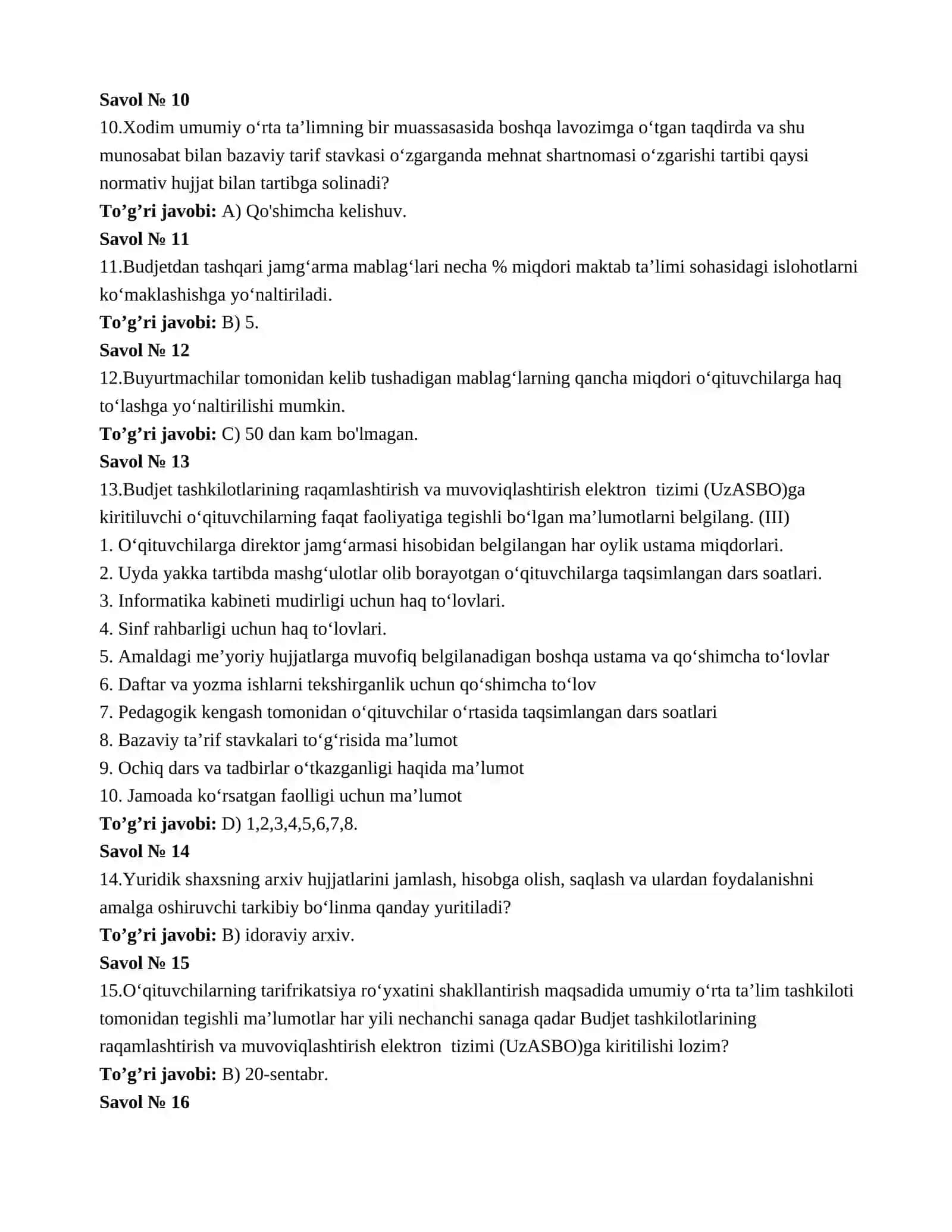MENEJERLIK TESTLARI (JAVOBLARI BILAN) 2