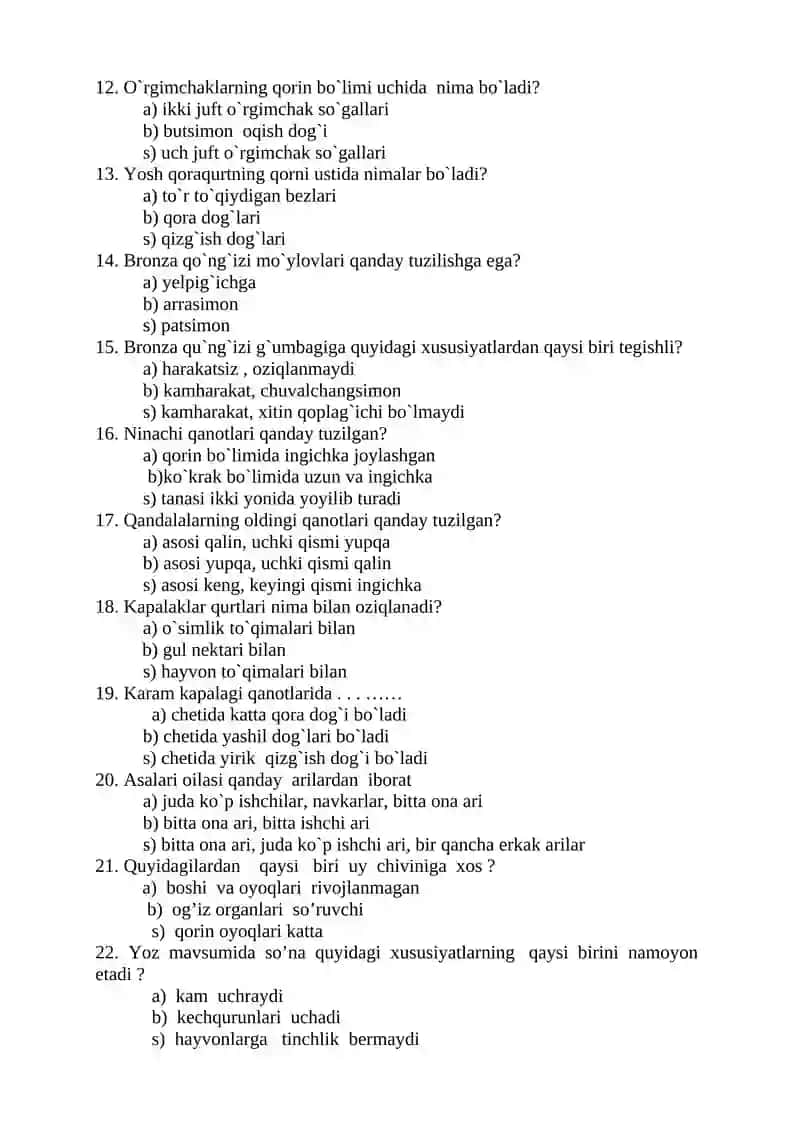 7- sinf uchun test savollari 2