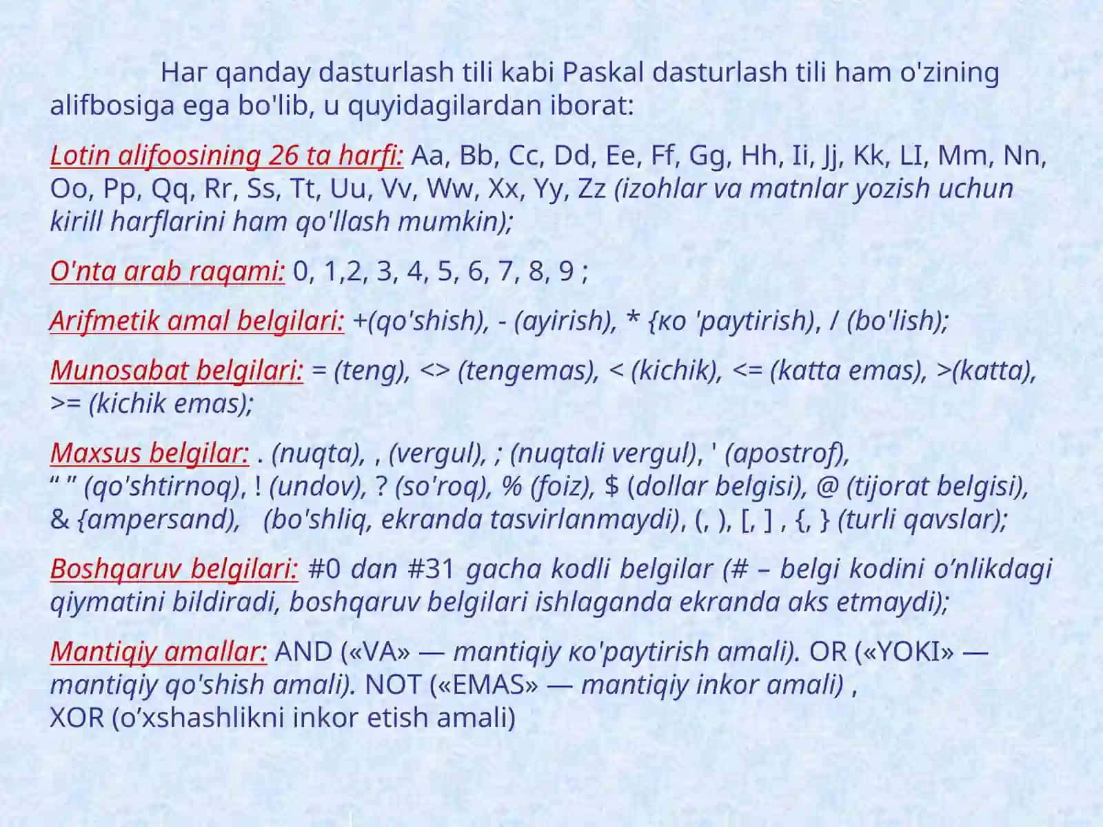 Paskal dasturlash tili va uning alifbosi 2