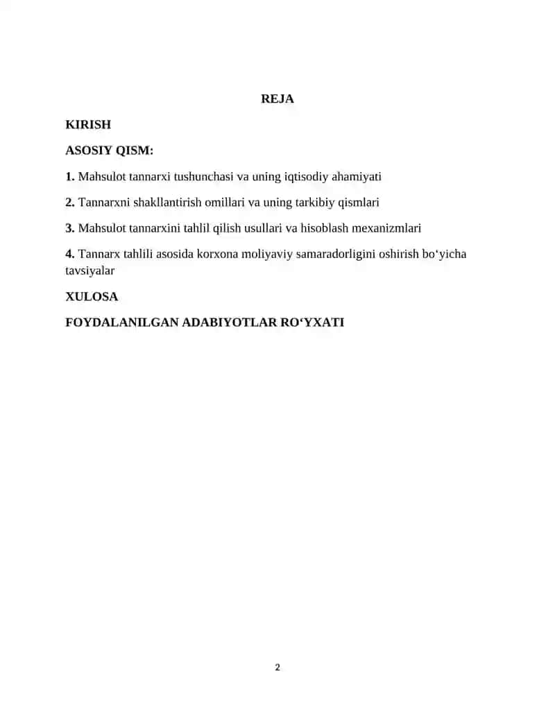 Korxonalarda mahsulot tannarxi tahlili REFERATi 2