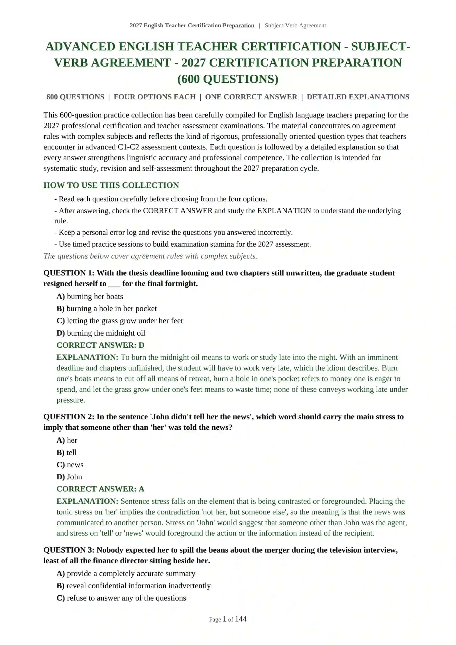 2027 English Teacher Certification Preparation | Subject-Verb Agreement 2