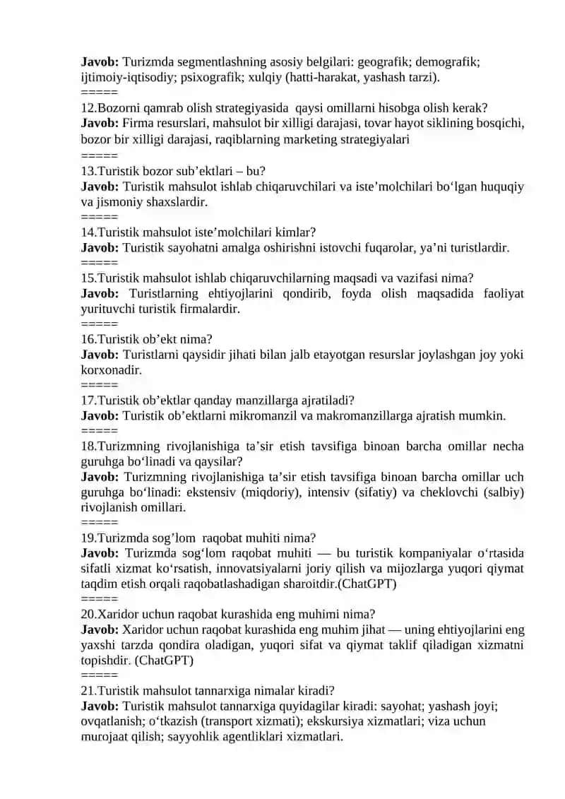 TURIZM MARKETINGI  FANIDAN TEST SAVOLLARI 2