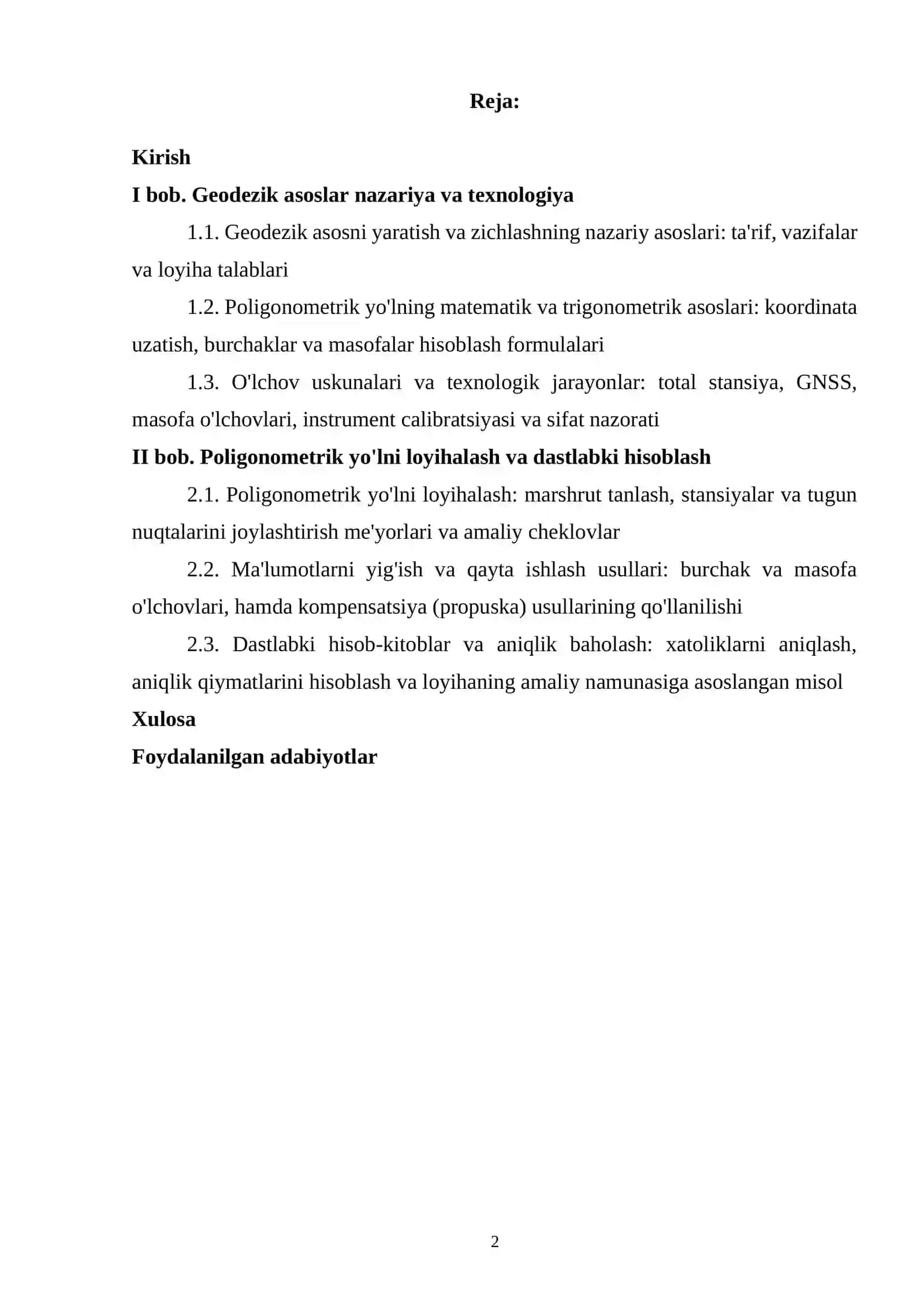GEODEZIK ASOSINI YARATISHDA ZICHLASH POLIGONOMETRIK YO'LINI LOYHALASH VA ANIQLIGINI DASTLABKI HISOBLASH 2