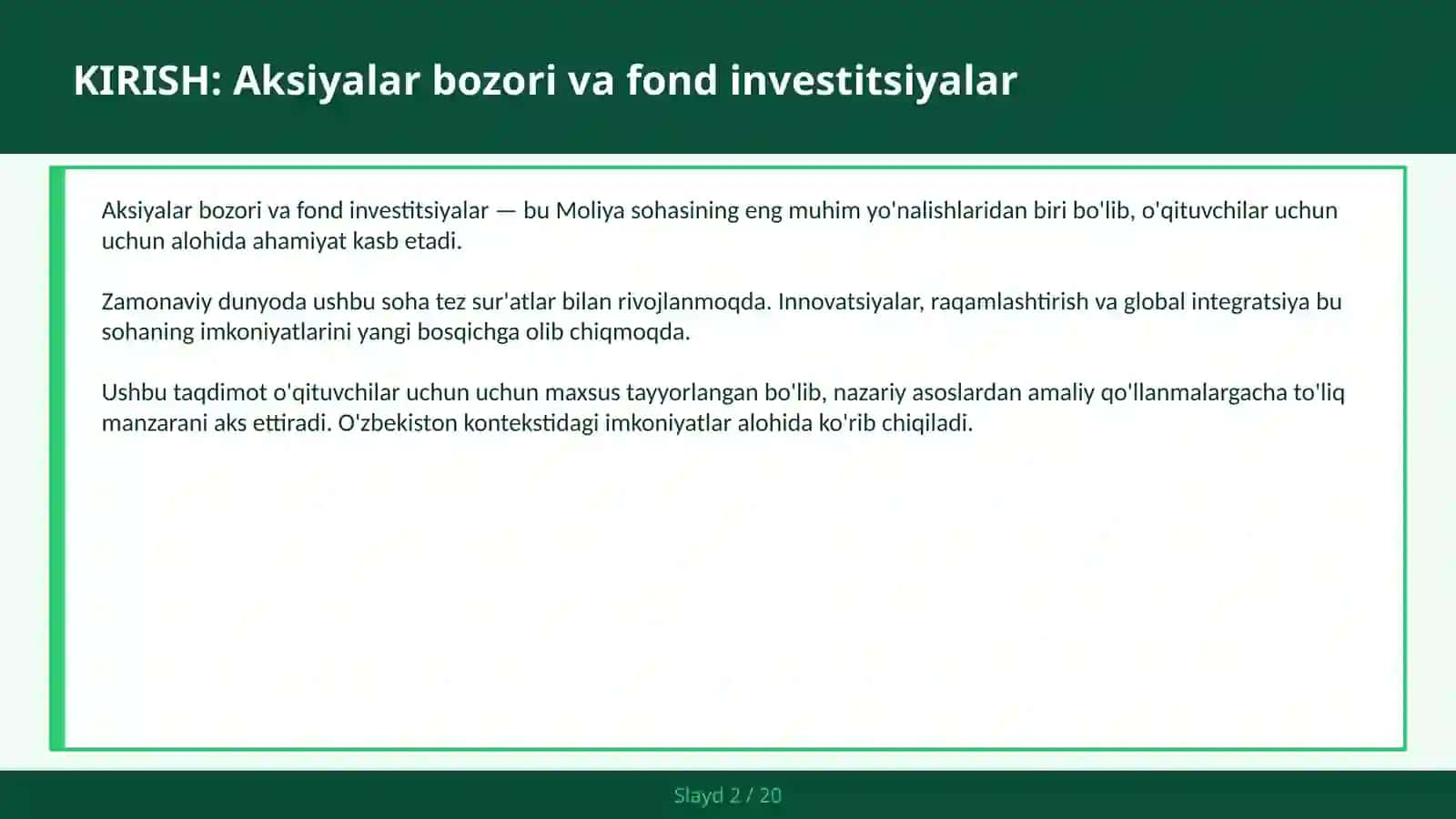Aksiyalar bozori va fond investitsiyalar 2