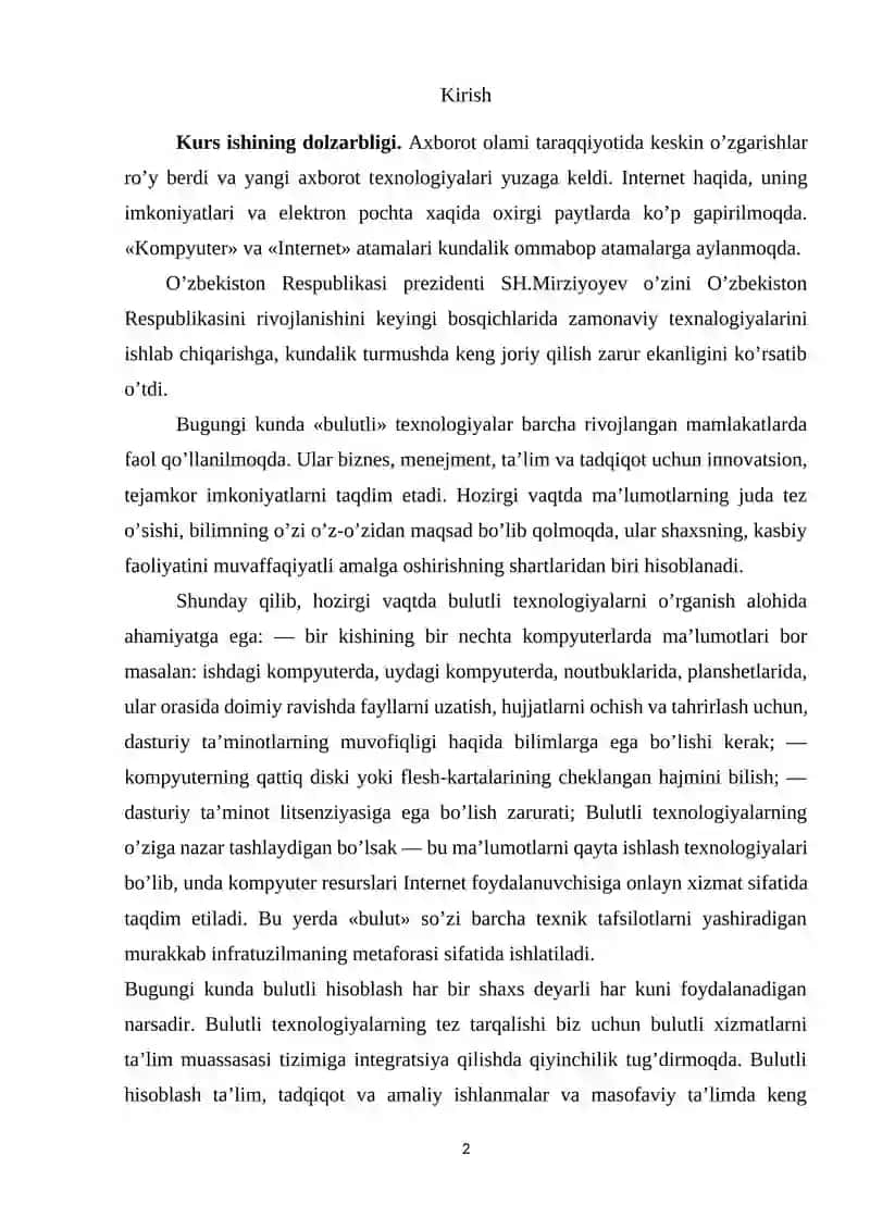 Bulutli texnologiyalar va ularni o`quv jarayoniga qo`llash 2