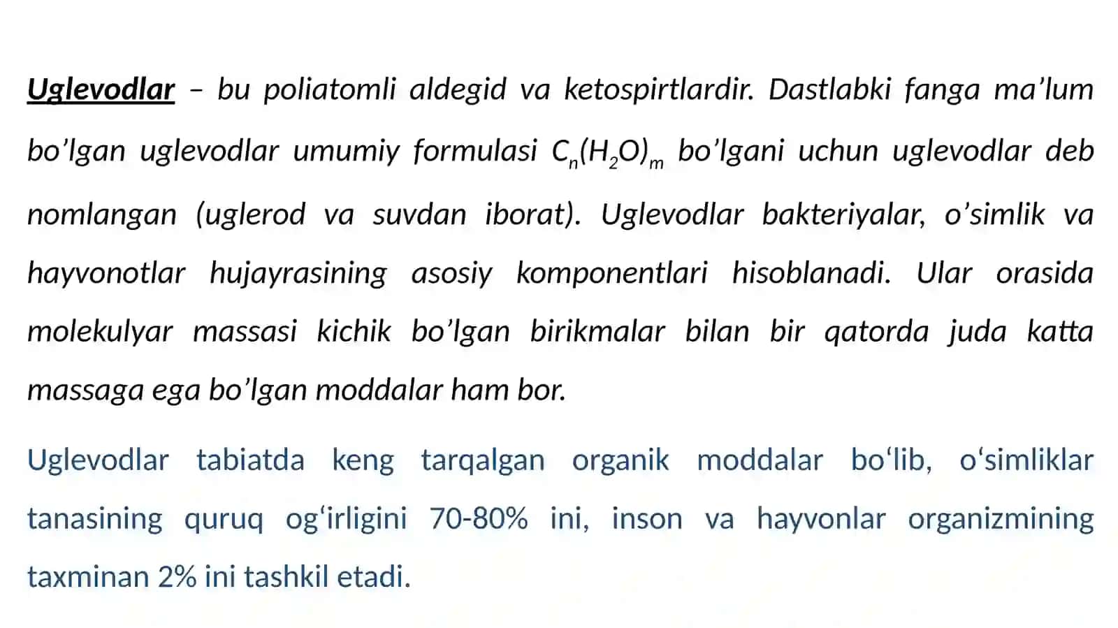 Uglevodlar. Uglevodlarning biologik qiymati 2