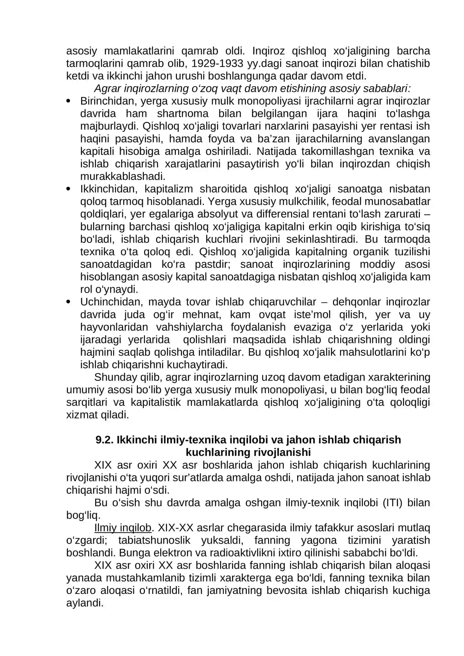 JAHON AGRAR INQIROZI VA IKKINCHI ILMIY-TEXNIK INQILOBI (XIX asr oxiri-XX asr boshi) 2