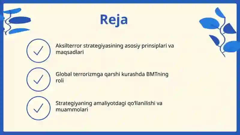BMTning global aksilterror strategiyasining asosiy yoʻnalishlari ppt 2