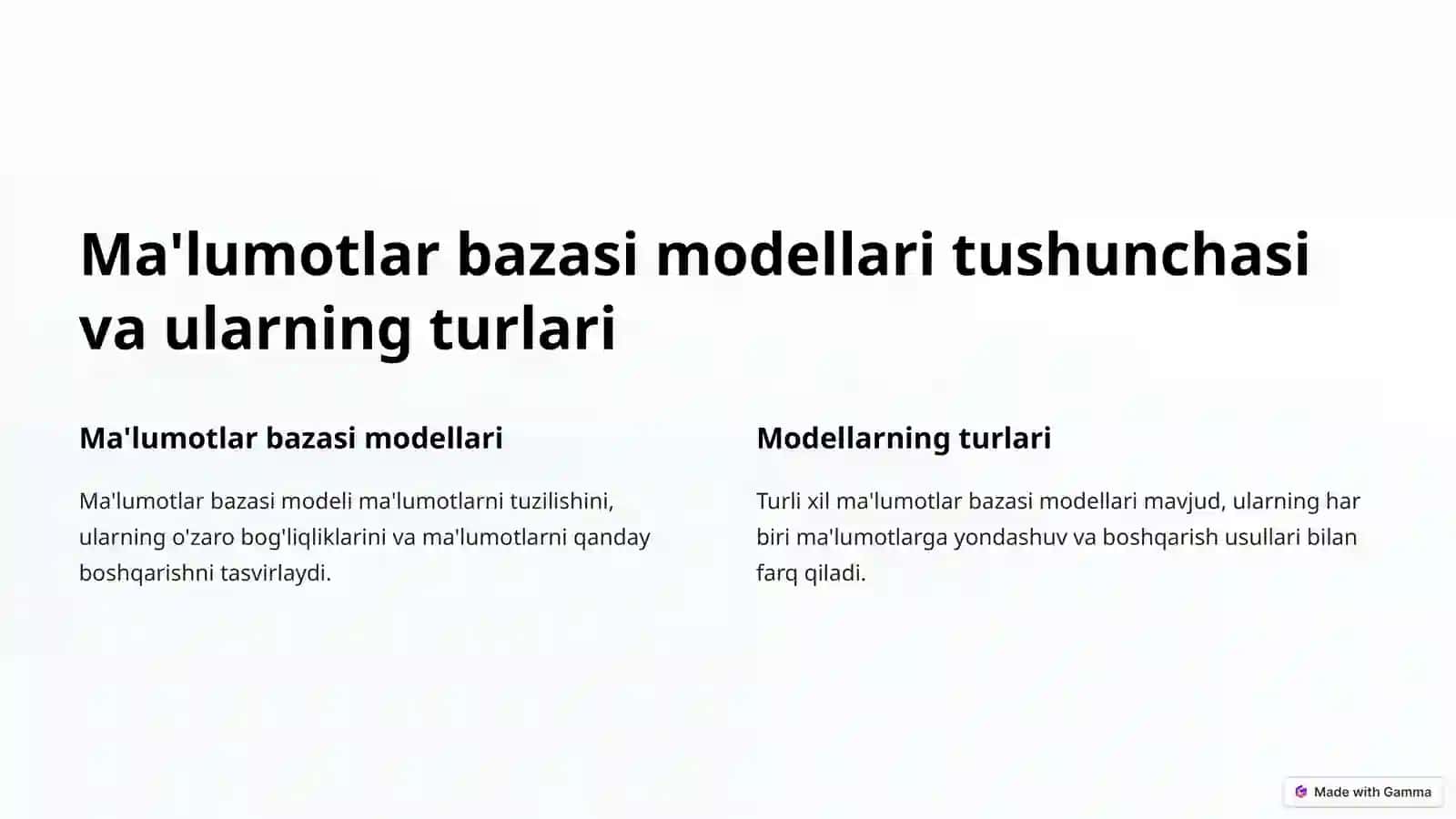 Ma'lumotlar bazasi modellari va mohiyat-aloqa modeli 2