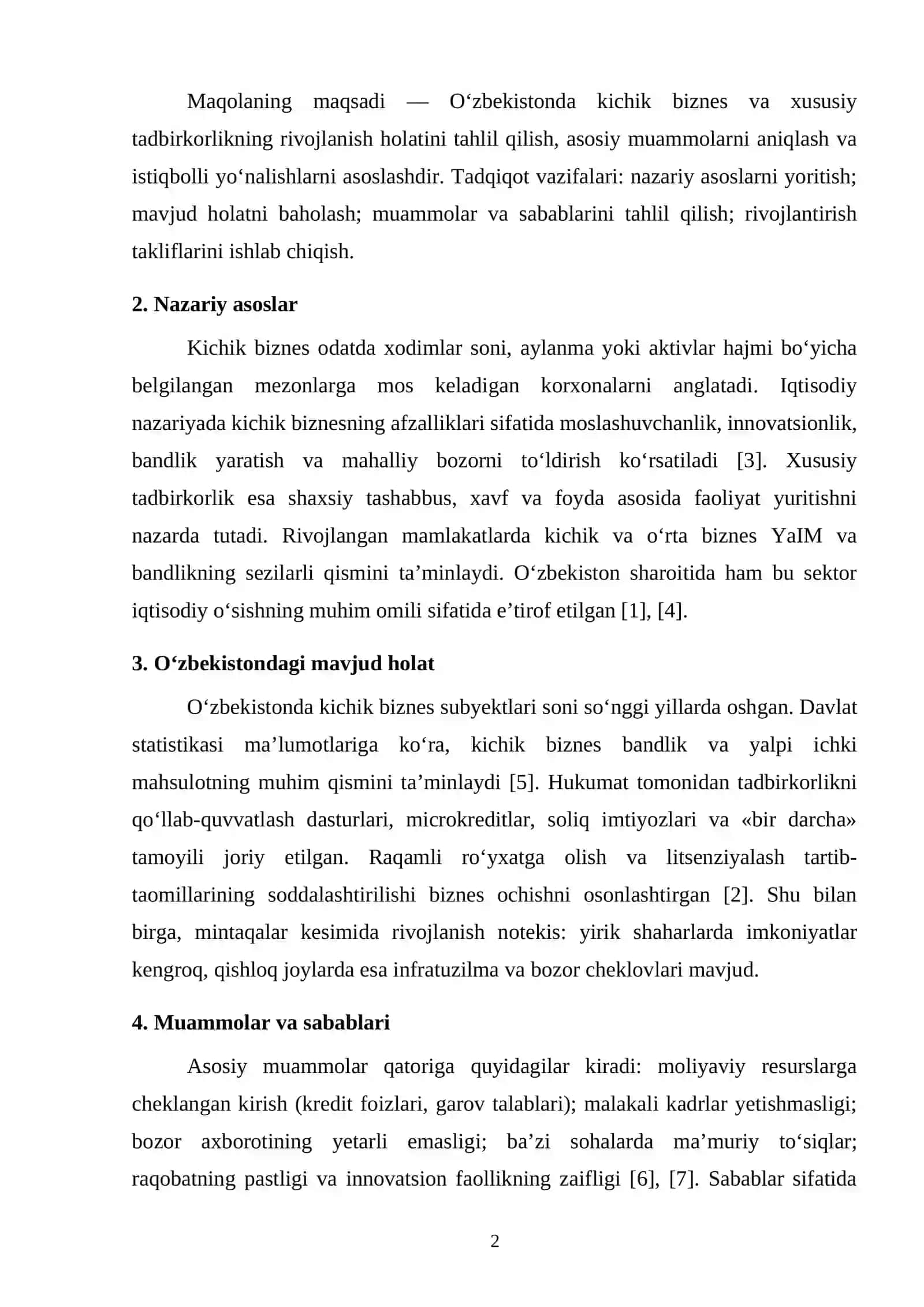 O‘ZBEKISTON IQTISODIYOTIDA KICHIK BIZNES VA XUSUSIY TADBIRKORLIKNING RIVOJLANISH ISTIQBOLLARI 2