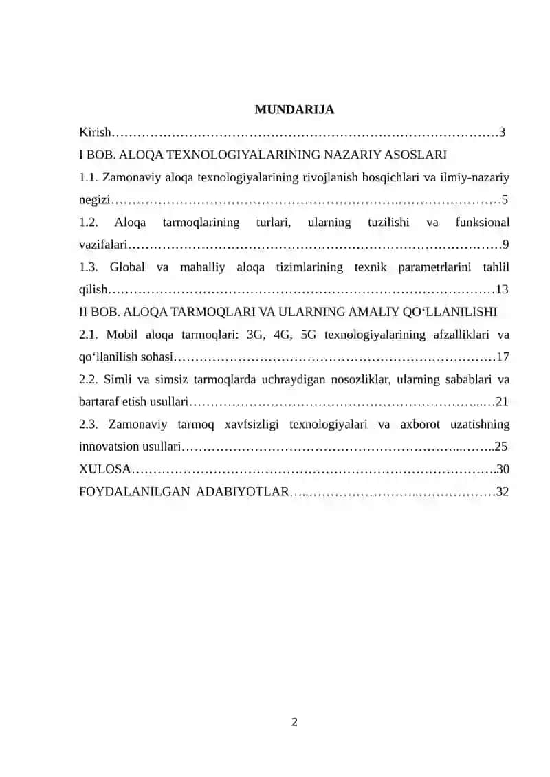 ALOQA TEXNOLOGIYALARI VA TARMOQLAR 2