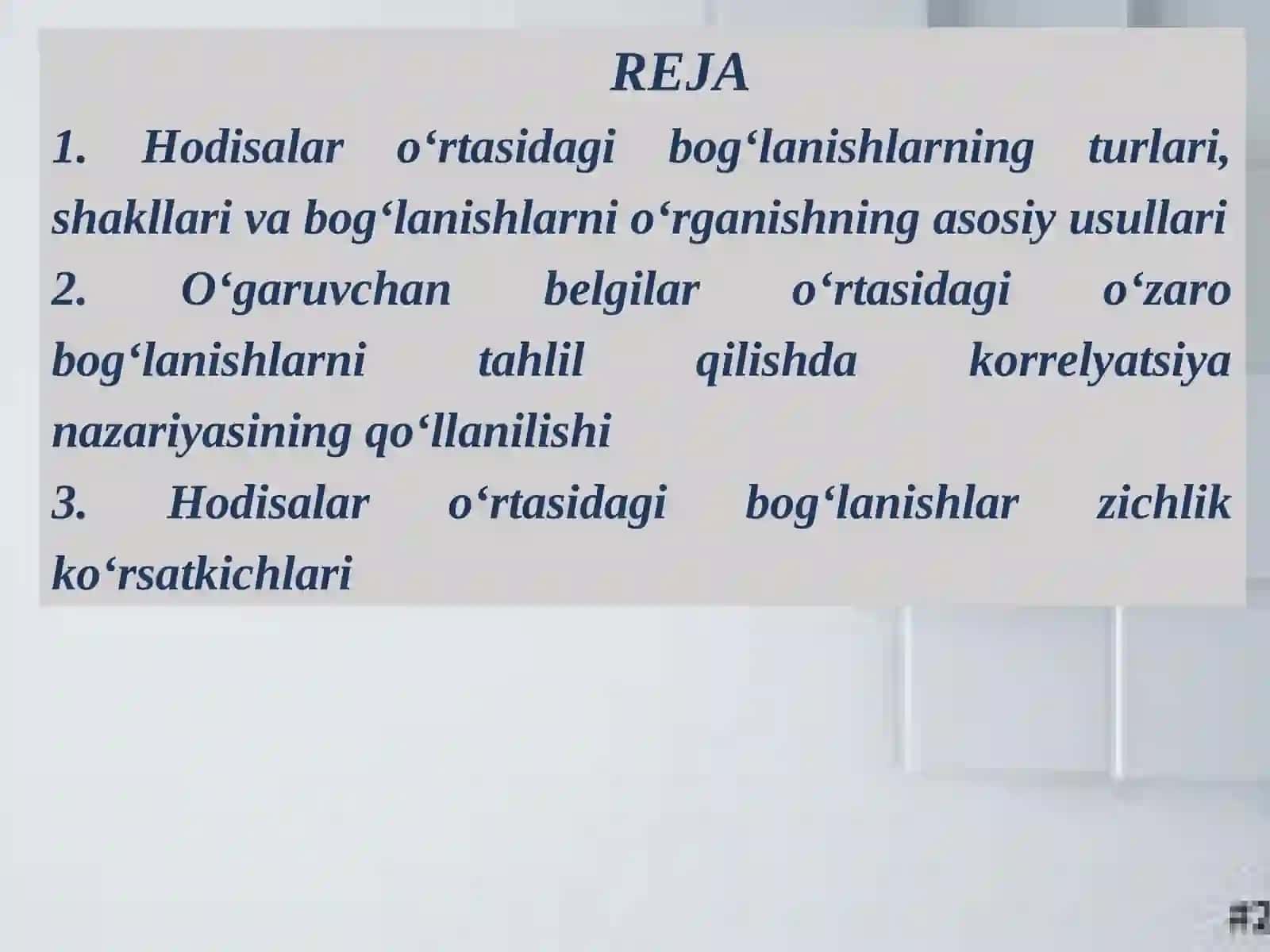 Hodisalar o’rtasidagi bog’lanishlarni statistik o’rganish 2