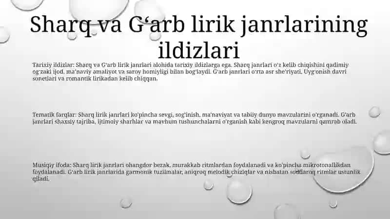 Sharq Yoki Ĝarb Lirik Janrlari 2