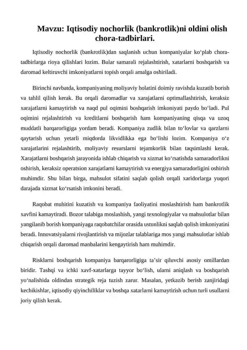 Iqtisodiy nochorlik (bankrotlik)ni oldini olish chora-tadbirlari 2