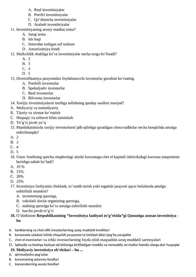 Investitsiya fanidan test savollari 2
