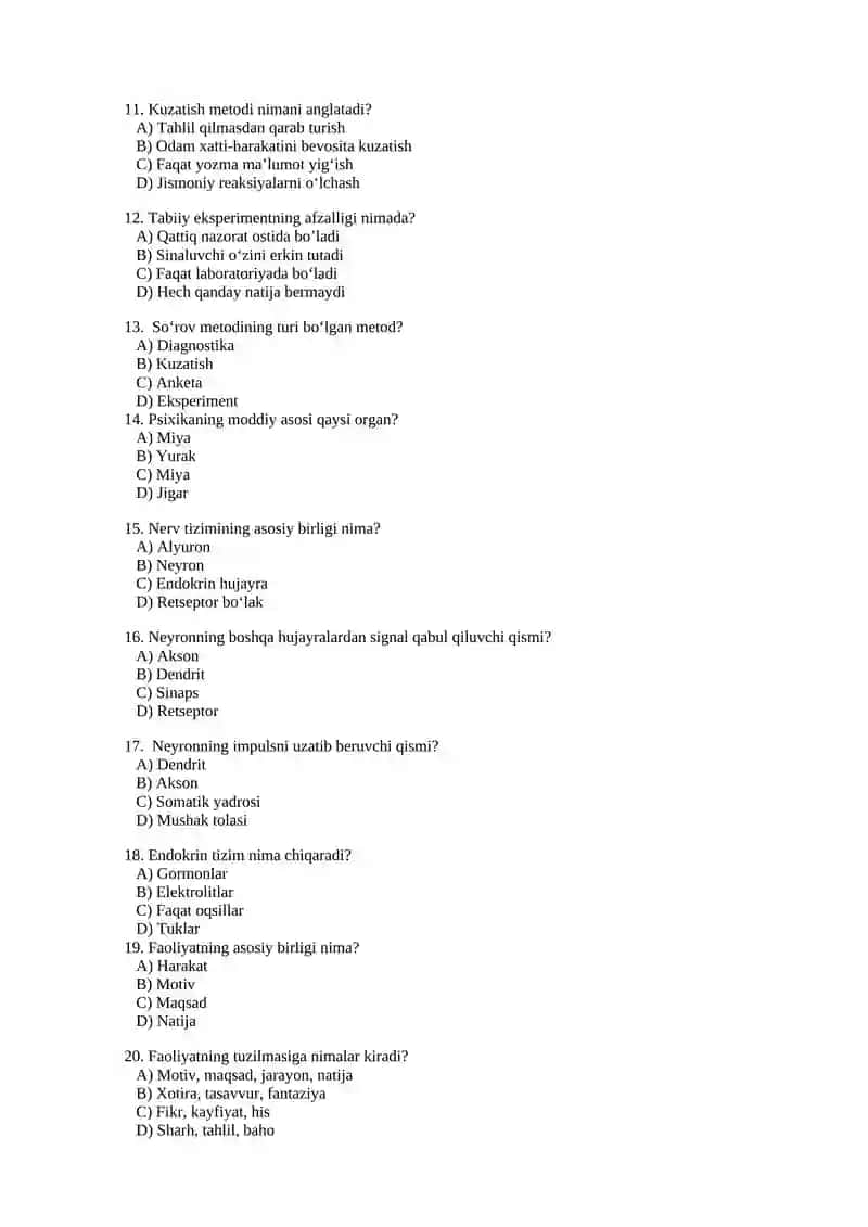Psixologiya fani test savollari 2