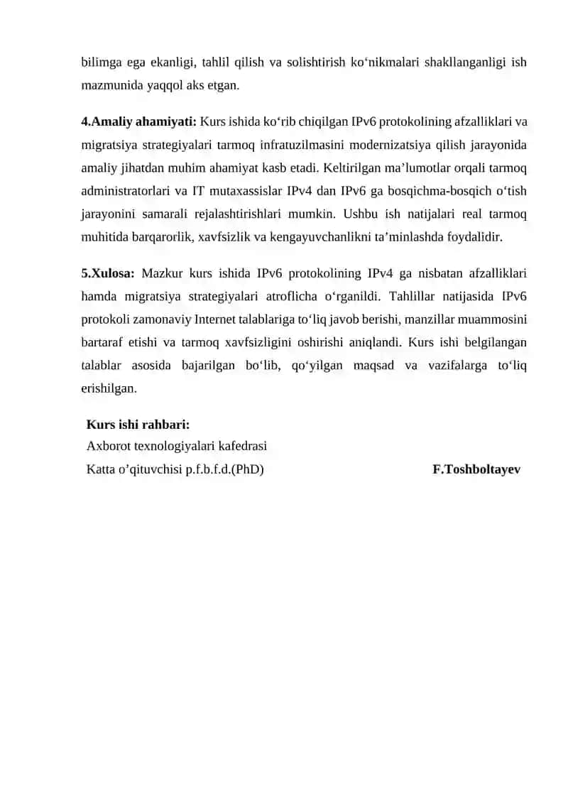 Mavzu: "IPv6 protokolining IPv4 dan afzalliklari va migratsiya strategiyalari" 2