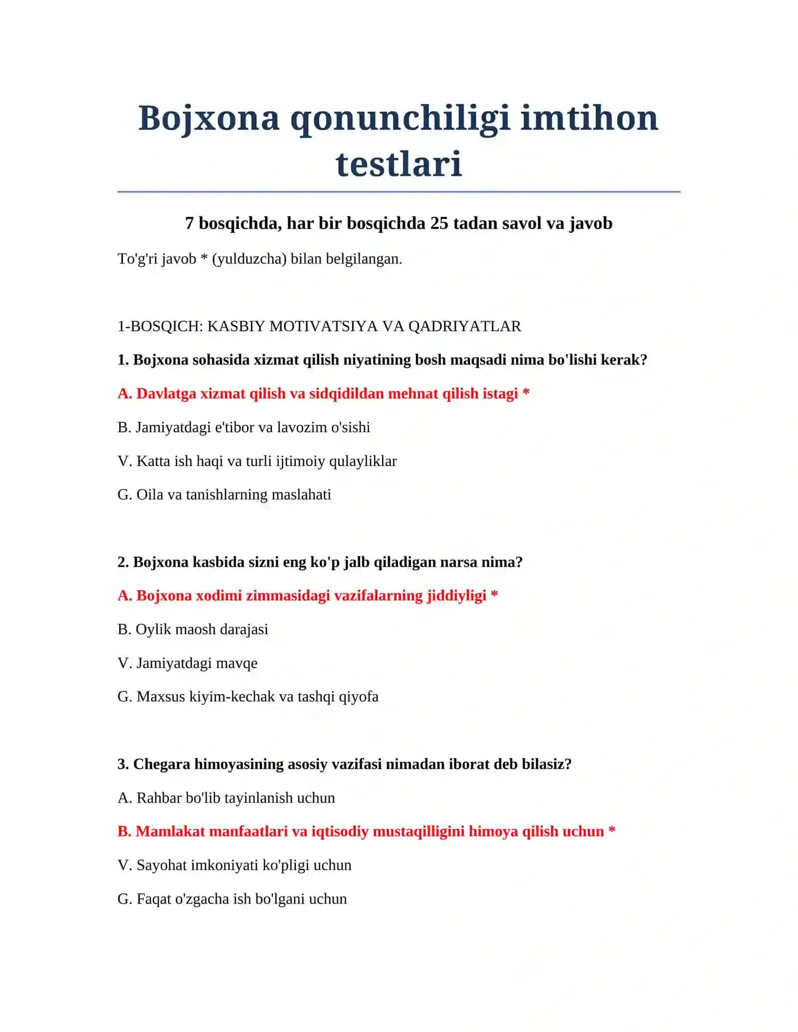 Bojxona qonunchiligi imtihon testlari 2