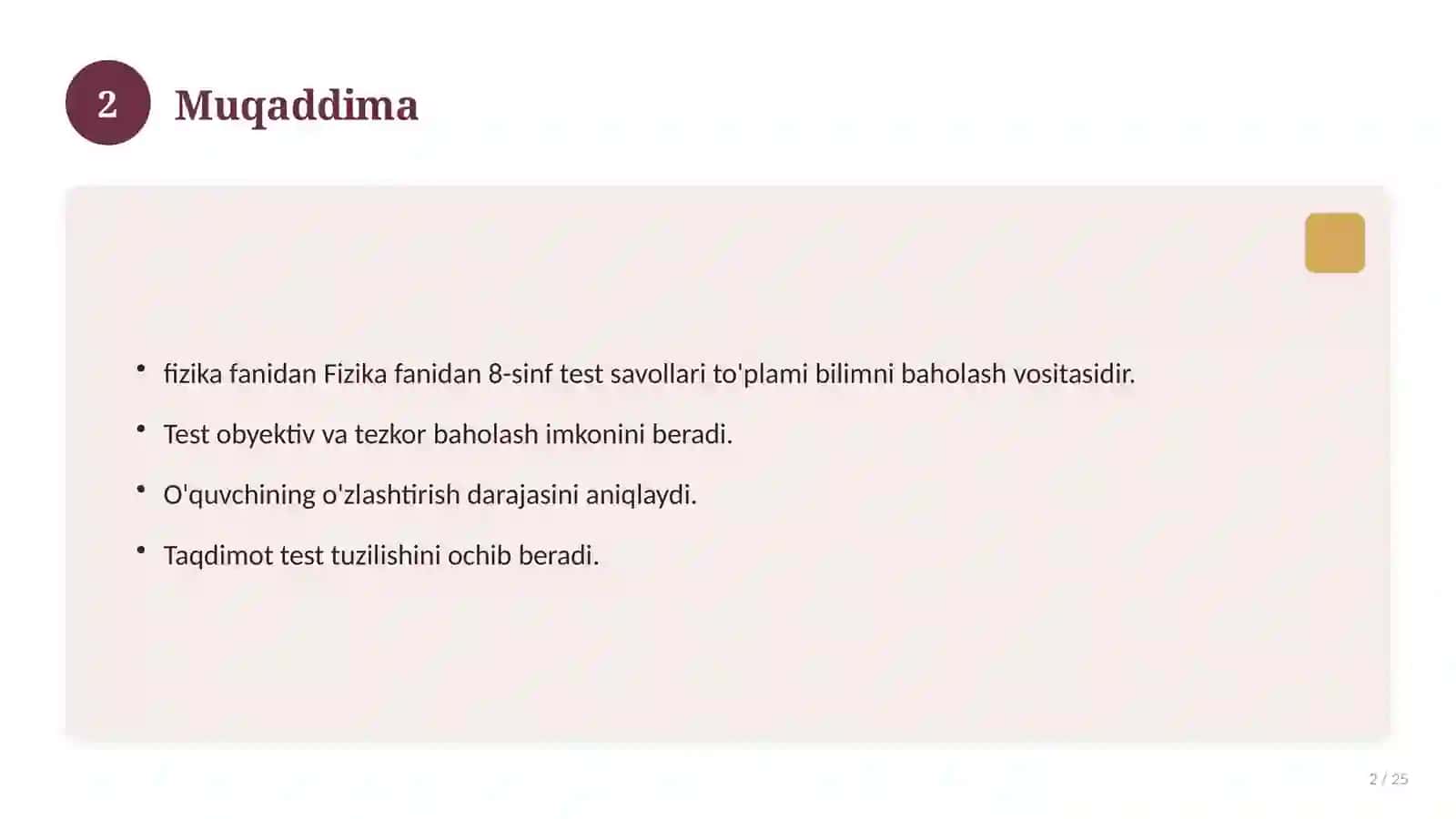 Fizika fanidan 8-sinf test savollari to'plami 2