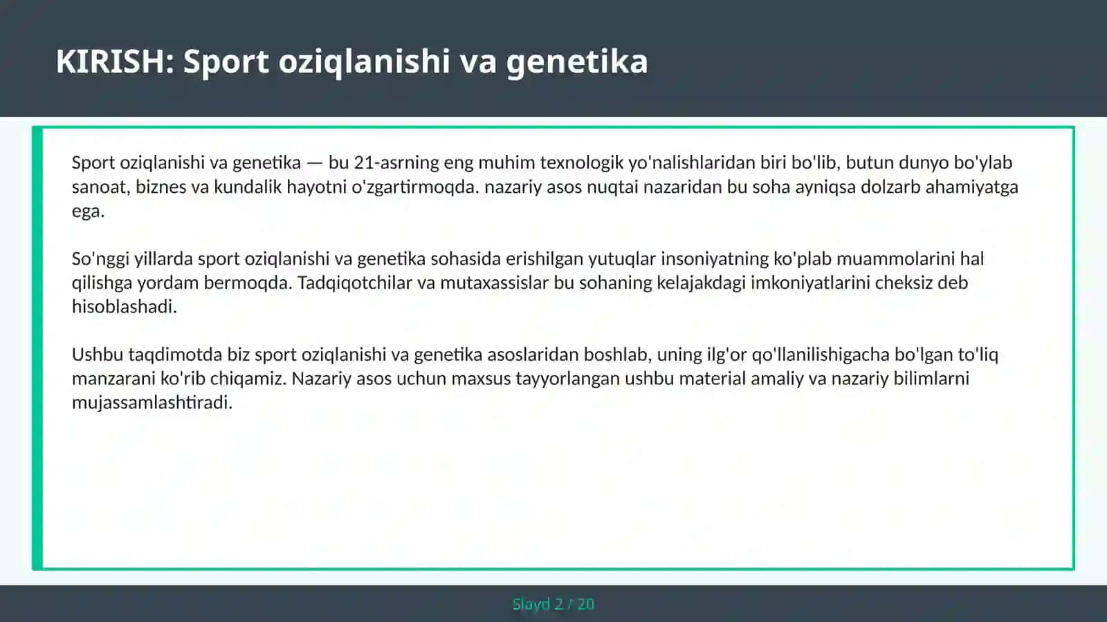 SPORT OZIQLANISHI VA GENETIKA 2