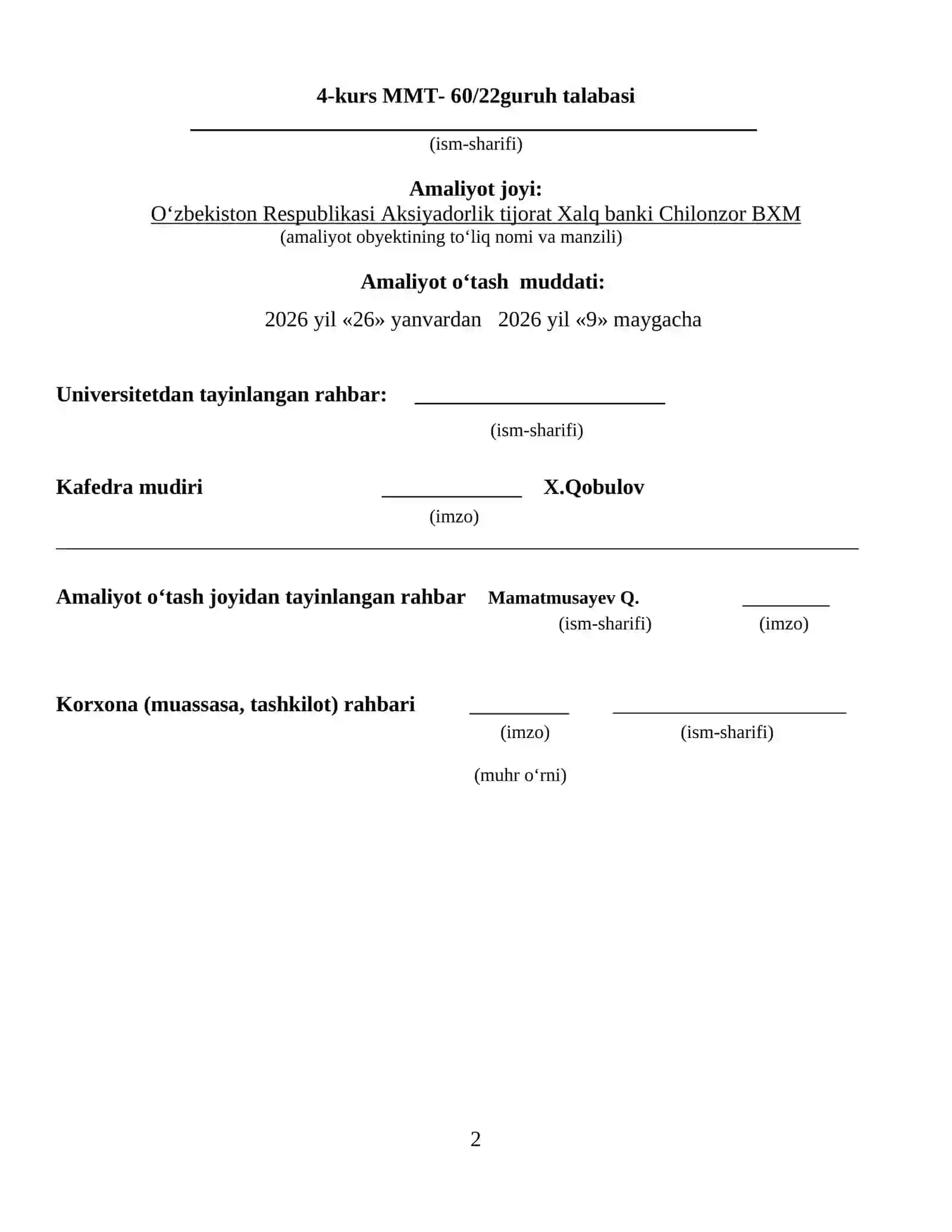 MALAKA AMALIYOTI DAFTARI ( Xalq banki ) 2
