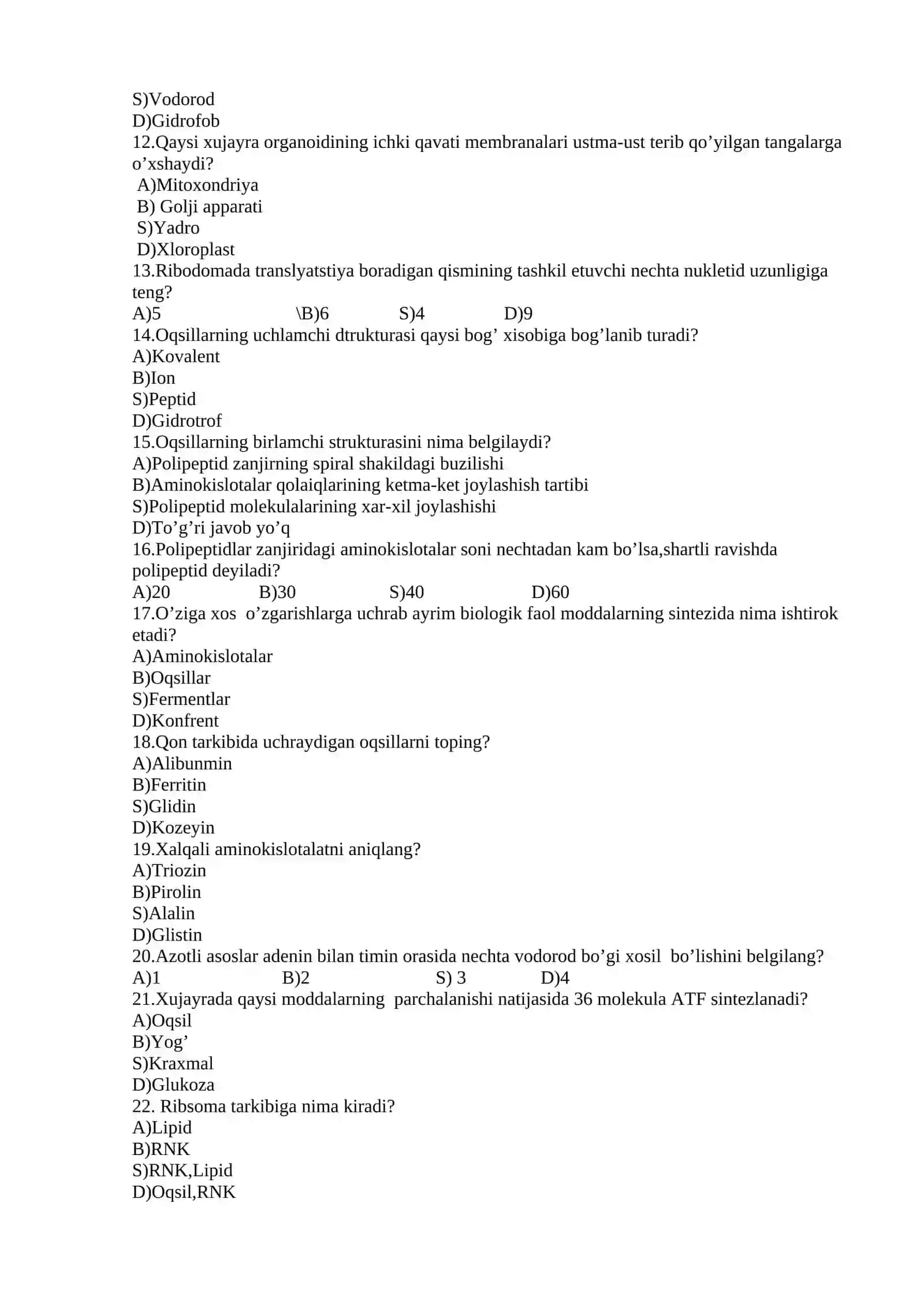 Biologiya fanidan 50 ta test savollari javoblari bilan. 2